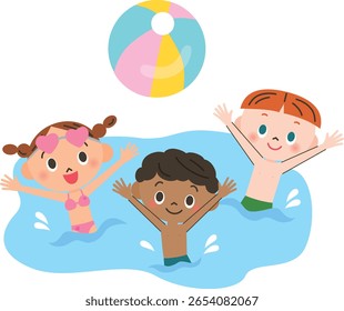 Children having fun with beach balls in the pool or at the beach