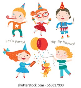 Children having fun at birthday party. Vector collection isolated on a white background.