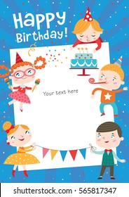 Children Having Fun At Birthday Party. Template For Making Birthday Cards, Posters, Invitation Cards, Photo Frames And Backgrounds.