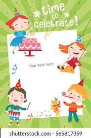 Children having fun at birthday party. Template for making birthday cards, posters, invitation cards, photo frames and backgrounds.