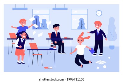 Children Having Fun In Classroom While Teacher Absent. Flat Vector Illustration. Girls And Boys Going Crazy, Jumping, Laughing, Making Mess In Classroom At Break. Childhood, Behavior, School Concept