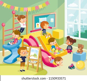 Children having fun, fooling around in fine good mood, on playroom, playground go down slide, hanging on ladder. Boy is drawing the watercolor. Vector illustration. Flat design.