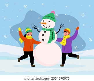 Children are having fun in the fresh air, making a snowman. Winter games. Vector illustration.