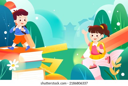 Children having fun going to school with books and pencils in the background, vector illustration
