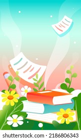 Niños divirtiéndose yendo a la escuela con libros y lápices de fondo, ilustración vectorial