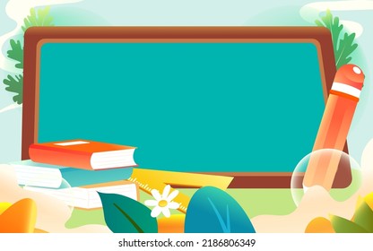 Children having fun going to school with books and pencils in the background, vector illustration
