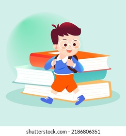 Children having fun going to school with books and pencils in the background, vector illustration