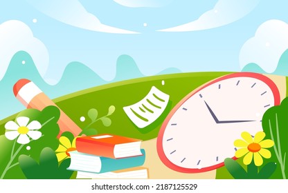 Children having fun going to school with books and pencils in the background, vector illustration