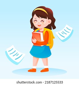 Children having fun going to school with books and pencils in the background, vector illustration