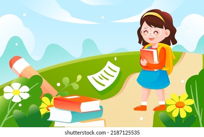 Kinder, die Spaß haben, mit Büchern und Stiften im Hintergrund zur Schule zu gehen, Vektorgrafik