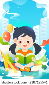 Children having fun going to school with books and pencils in the background, vector illustration