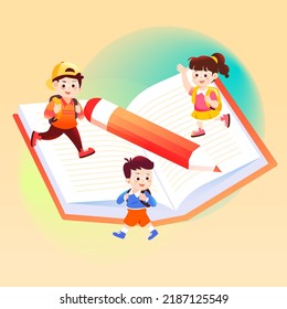 Niños divirtiéndose yendo a la escuela con libros y lápices de fondo, ilustración vectorial