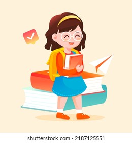 Children having fun going to school with books and pencils in the background, vector illustration