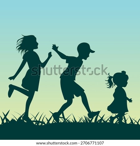 Children having fun guys running through the grass silhouette of children
