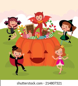 Children having fun at the Halloween party in costumes monsters/Children at Halloween party/Illustration of Children in costume monsters celebrate Halloween