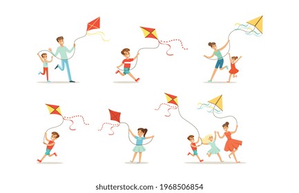Children Having Fun with Kites Outdoors Set, Parents and Kids Playing Kite in Park Cartoon Vector Illustration