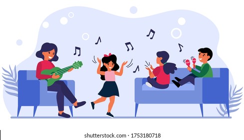 Children having fun at music class. Teacher playing guitar, kids dancing, singing flat vector illustration. School, teaching, childhood concept for banner, website design or landing web page