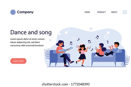 Children having fun at music class. Teacher playing guitar, kids dancing, singing flat vector illustration. School, teaching, childhood concept for banner, website design or landing web page