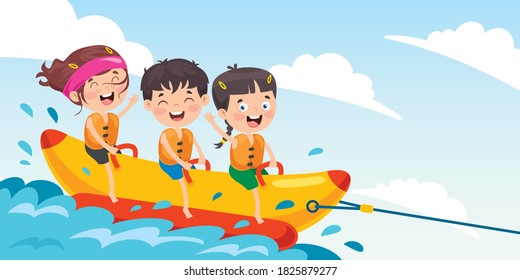 Children Having Fun On Banana Boat