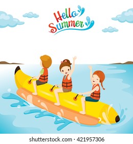 Children Having Fun On Banana Boat, Summer, Beach, Swimming, Sea, Vacations, Holiday, Trips, Travel, Transportation, Relationship, Lifestyle, Activity
