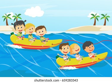 Children Having Fun On Banana Boat