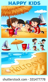 Children having fun on the beach illustration