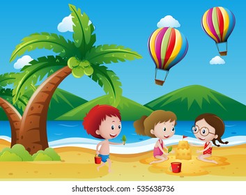Children having fun on the beach illustration