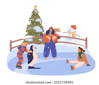 Children having fun on outdoor ice rink flat vector scene isolated on white. 