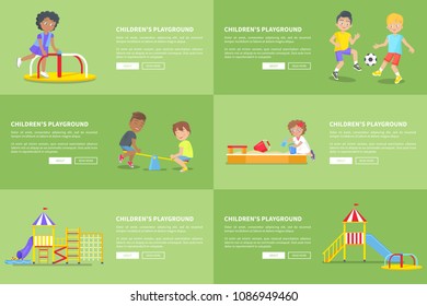 Children having fun on playground vector web banner of positive and cute small people entertaining and spending free time outdoors