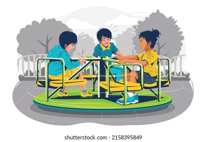 Children Having Fun on Roundabout at Playground Concept Vector.