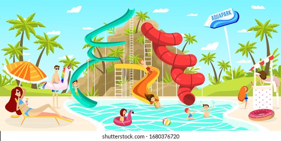 Children having fun in outdoor aquapark, pool slide vector illustration. Happy kids in water park, summer leisure for family. Children swimming in pool, boys and girls in aqua park, people sunbathing