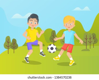 Children having fun outdoors vector, boys and kids on nature. Trees and clear sky, sports games on nature, football active lifestyle and happy childhood