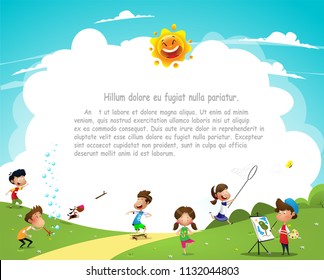 Children having fun in the park. Vacation, active weekend concept Cartoon vector illustration