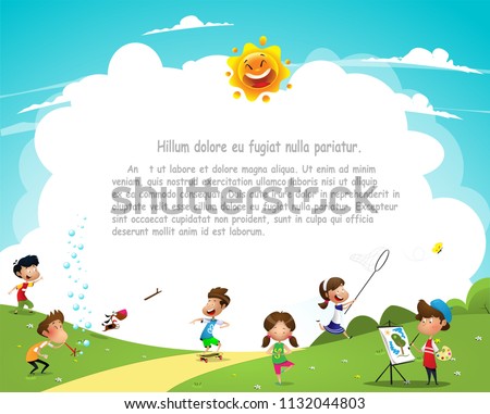 Children having fun in the park. Vacation, active weekend concept Cartoon vector illustration