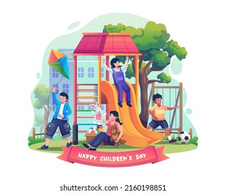 Children are having fun in the playground. kids are playing on slides and swings, playing with dolls, football, and kites. Flat style vector illustration