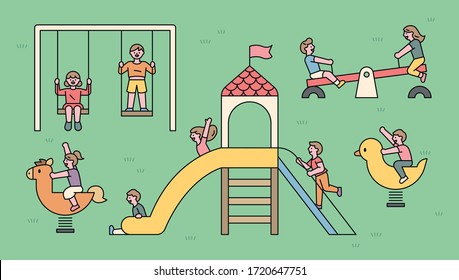 Children are having fun playing on playground equipment. flat design style minimal vector illustration.