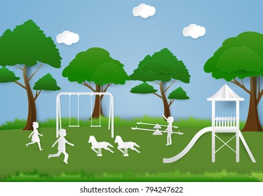 Children having fun playing at playground, Paper art background  paper cut illustration