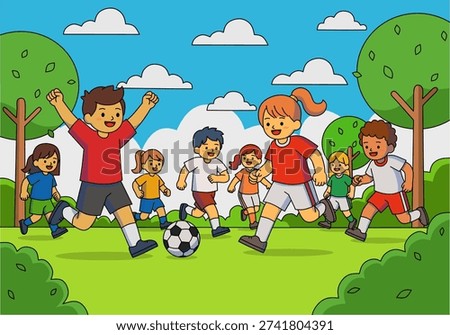 Children having fun playing soccer in a park under cloudy skies. Perfect for sports, recreation, childhood, outdoor activities, and teamwork concepts.