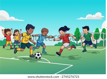 Children having fun playing soccer in a park under cloudy skies. Perfect for sports, recreation, childhood, outdoor activities, and teamwork concepts.