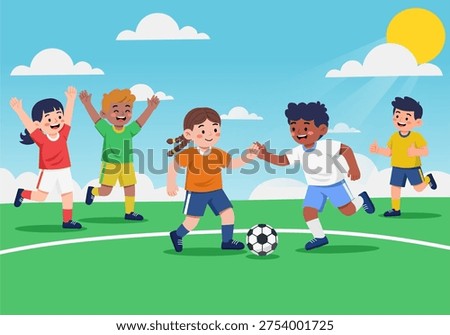 Children having fun playing soccer in a park under cloudy skies. Perfect for sports, recreation, childhood, outdoor activities, and teamwork concepts.