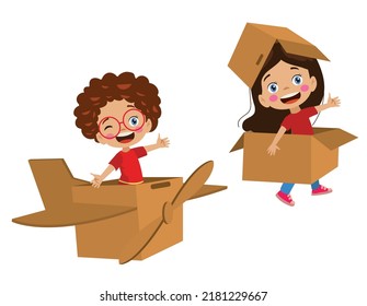 children having fun playing with a toy airplane made from cardboard boxes