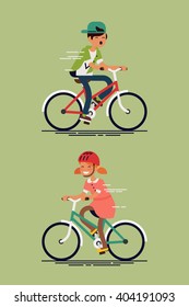 Children having fun riding bicycles. Kids having free time on weekend. Summer break outdoor recreation for kids. Happy boy and girl riding bike. Vector character design on kids having fun