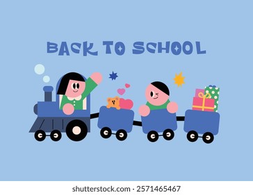 Children having fun riding the train. Toys and gifts. school learning teddy bear.