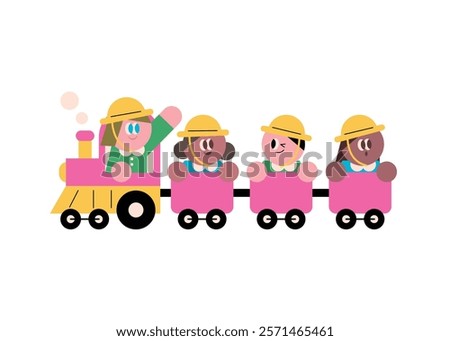 Children having fun riding the train. kindergarten. Flat design character