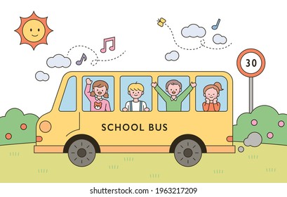 The Children Are Having Fun Riding The Yellow School Bus. Flat Design Style Minimal Vector Illustration.