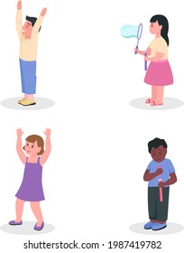 Children having fun semi flat color vector character set. Kid figure. Full body people on white. Kindergarten isolated modern cartoon style illustration for graphic design and animation collection