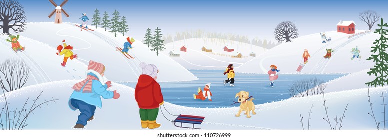 Children having fun sledding ice skating and skiing in the winter on the rural landscape background. All objects are grouped.