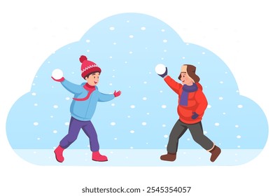 Niños divirtiéndose en la nieve, jugando con bolas de nieve. Ilustración vectorial