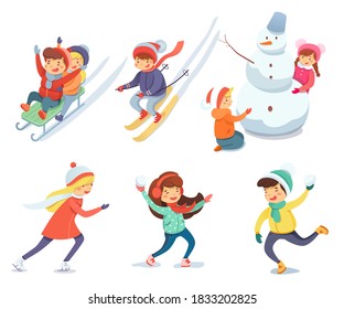 Children having fun with snow in winter set. Cute happy kids playing at Christmas day or New Year. Celebration season activities vector illustration. Skiing, building snowman, skating, snowballs.