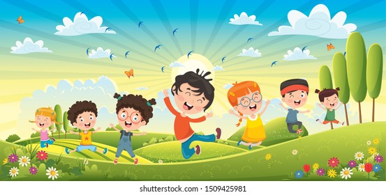 Children Having Fun Spring Landscape Stock Vector (Royalty Free ...